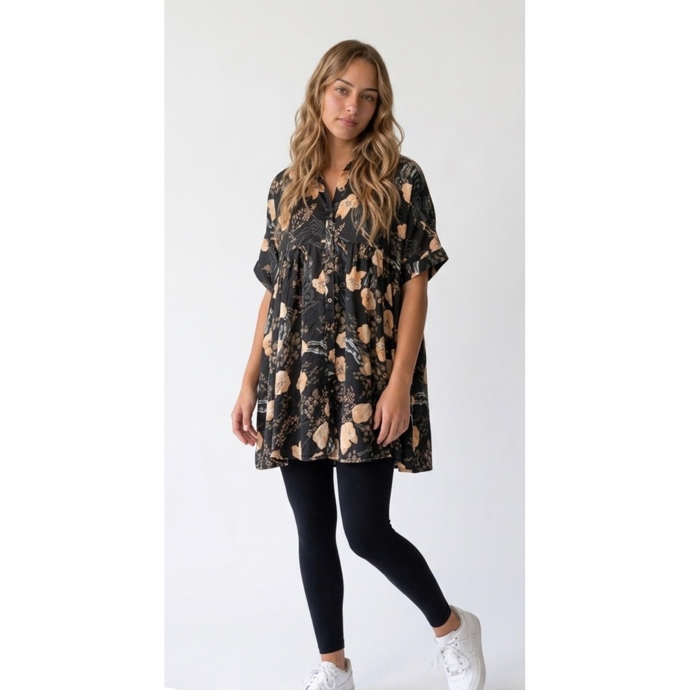 Entro Babydoll Dress Women Small Black Floral Button Up Short Sleeve Excellent
